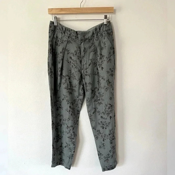 Wrap London Dark Gray Floral Garment Dyed 100% Linen Pleated Pants Size 4 NWT - Picture 1 of 11
